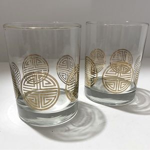2 MCM Vintage Rock Highball Cocktail Glasses Gold Trim Greek Key